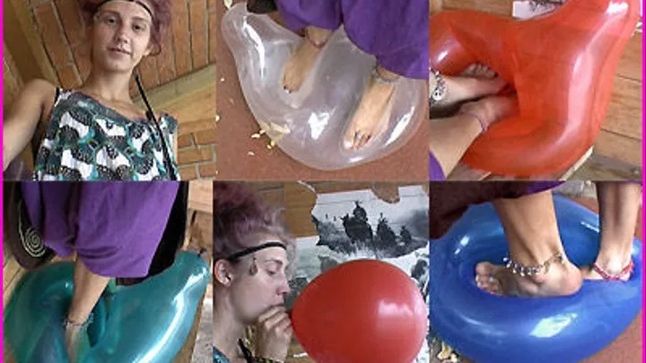 Barefoot Hippie Skye squishes and pop Balloons with her Feet