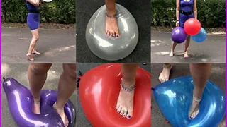 Lo squishes Balloons barefooted in the Park