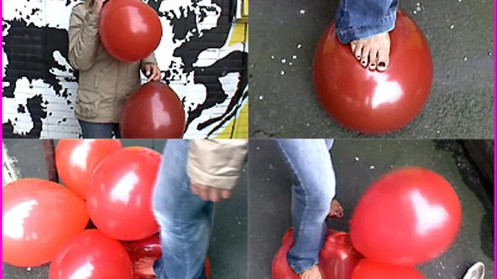 Cynthia pops Balloons Barefooted outdoors in Winter