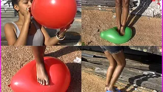 Samira blows up Balloons and pops them with her Bare Feet