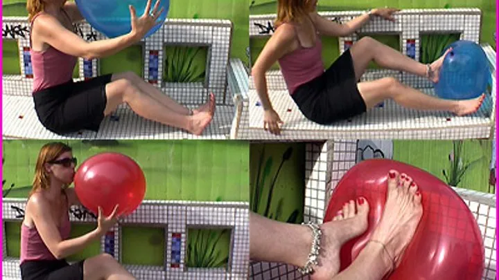 Jessica blows up and squishes Balloons with her beautiful pedicured Feet