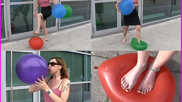 Jessica pops Balloons in Public with her beautiful Bare Feet