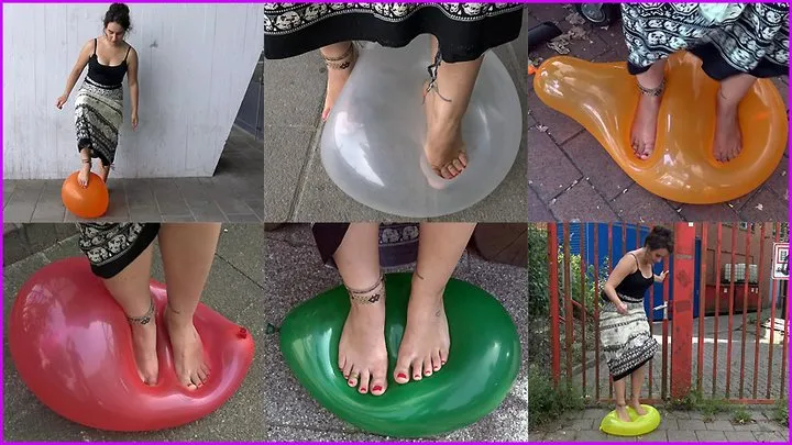 Barefooted Madita pops Balloons outdoors with her Feet