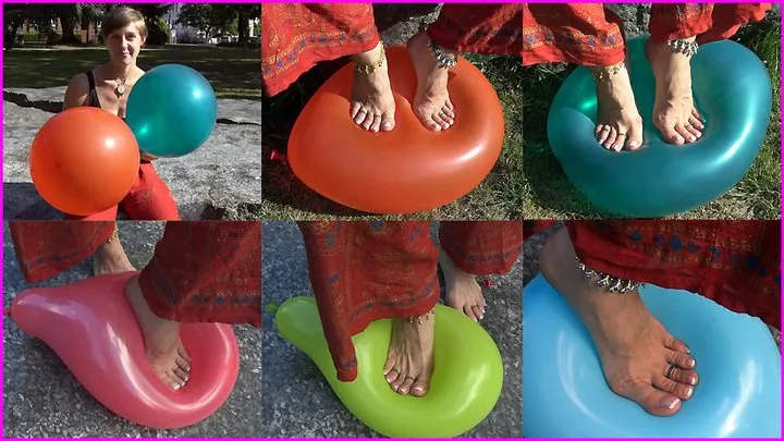 Janina's french pedicured Toes and Bare Feet pop Balloons in the Park