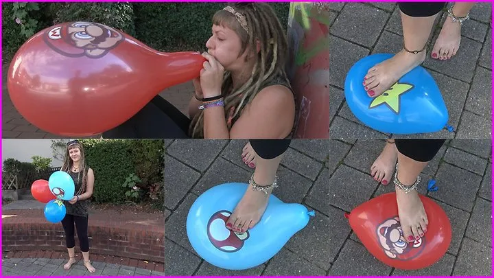 Barefoot Dreadlocked Hippie Girl Tora pops Balloons in Public