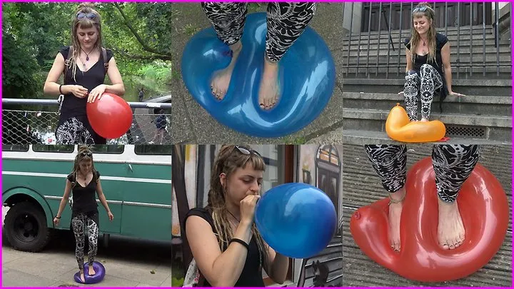 Jennifer pops Balloons in Public with her Bare Feet