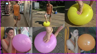 Barefoot Girl Janina buys Balloons and Pops them