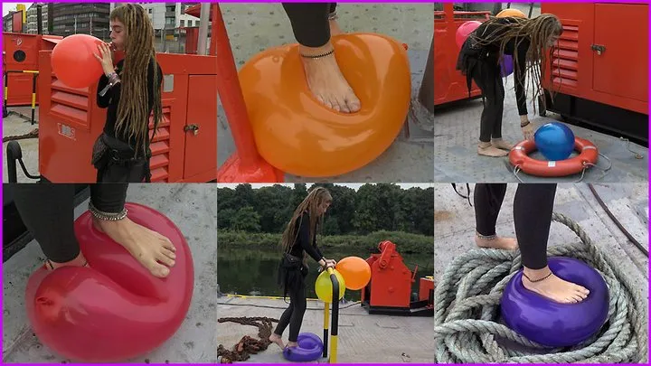 Barefoot Dreadlocked Hippie Girl Trinity pops Balloons on a Jetty