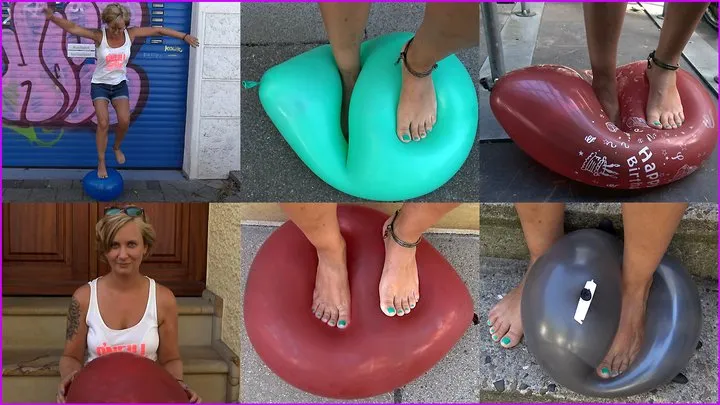 Lo pops Balloons and inflated Rubber Gloves with her beautiful Bare Feet