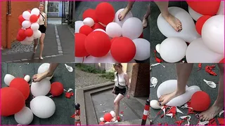 Barefooted Rina has fun Popping a Cluster of Balloons