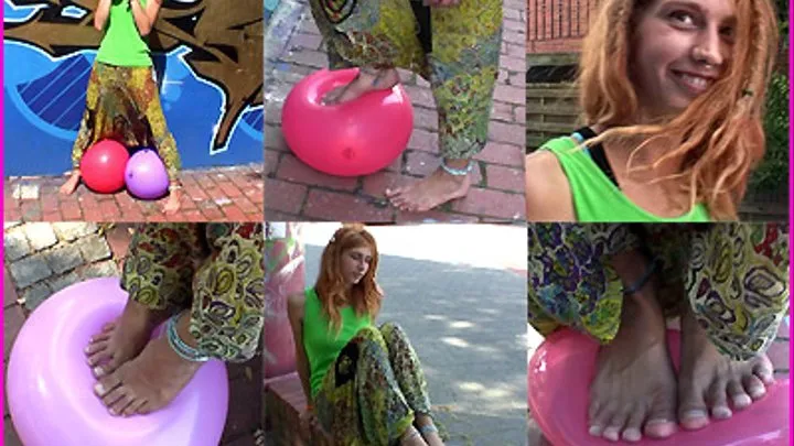 Dreadlocked Hippie Girl Skye steps on Balloons with her Bare Feet