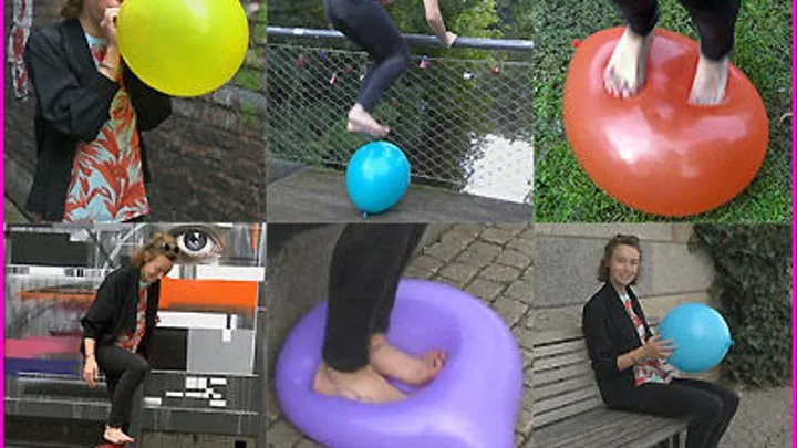 Lilith jumps on Balloons and stomps them Barefoot in public