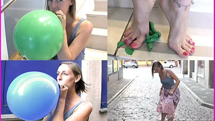 Janina blows up Balloons and Pops them in Public