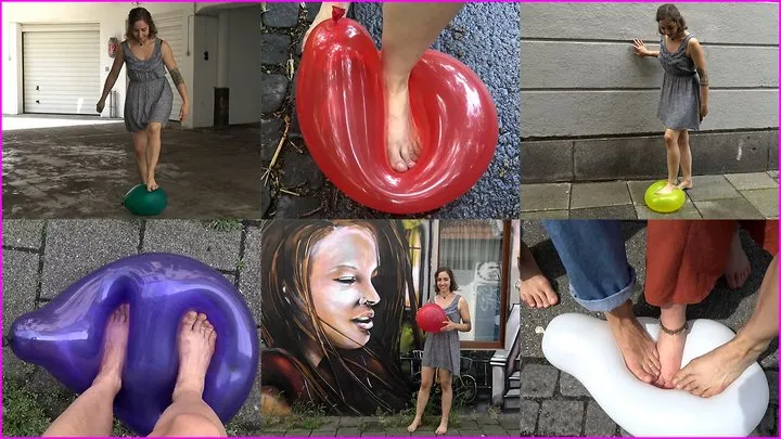 Barefooted Lilian has fun Popping Balloons