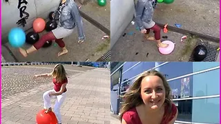 Paloma and Tatjana stomp Balloons barefooted