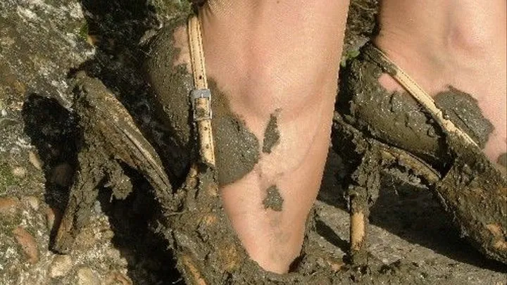 Beige Slingbacks In sticky mud.