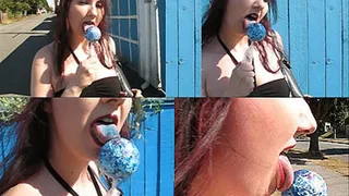 Big BLue Lollypop Licking outdoors
