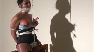 Gina Rae Michaels-Crotch roped nipple clamped exposed hair tied and mouth packed and tape gagged