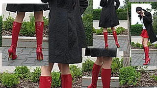 Walking in red knee boots 14 cm heels