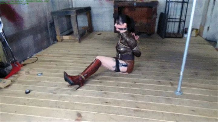 Busty wench left helplessly rolling around on the floor in a strict reverse prayer hogtie