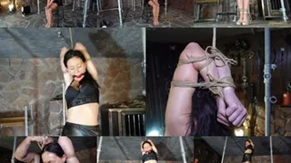 Tiny Spaniard left tightly bound standing her her stiletto heels in the dungeon