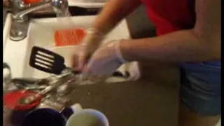 MILF Washing Dishes in Clear Rubber Gloves