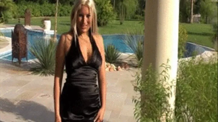 Kaz B having a wank by the Pool in a sexy black dress