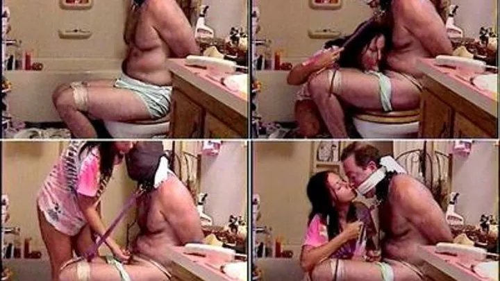 Hubby tied to toilet so wife can take a relaxing bath