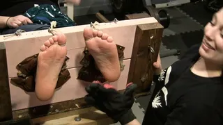 Suprise Ticklee in the stocks part 2 " serious foot tickle perfection right here! "