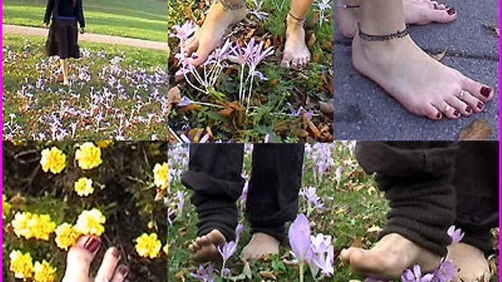 Barefoot Girls walk through and crush Flowers