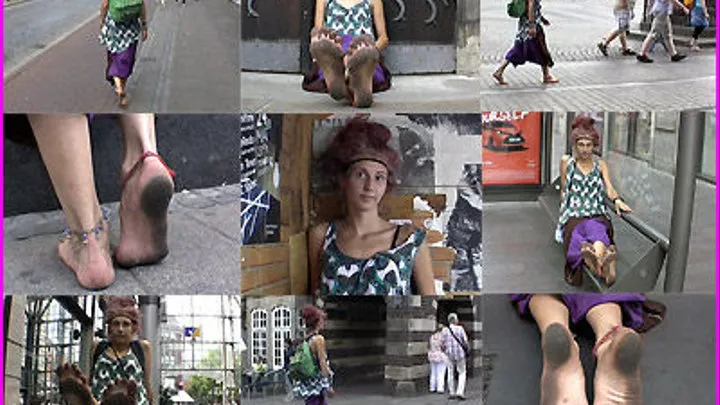 Barefoot Hippie Girl Skye walks through the City with Dirty Soles