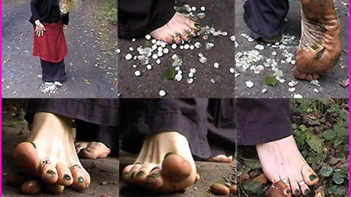 Barefoot Girl Fee crushes Berries, Acorns and Mushrooms in the Park