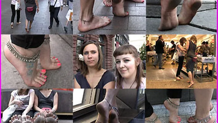 Two Friends Bori and Dasha walk Barefoot in the crowded City