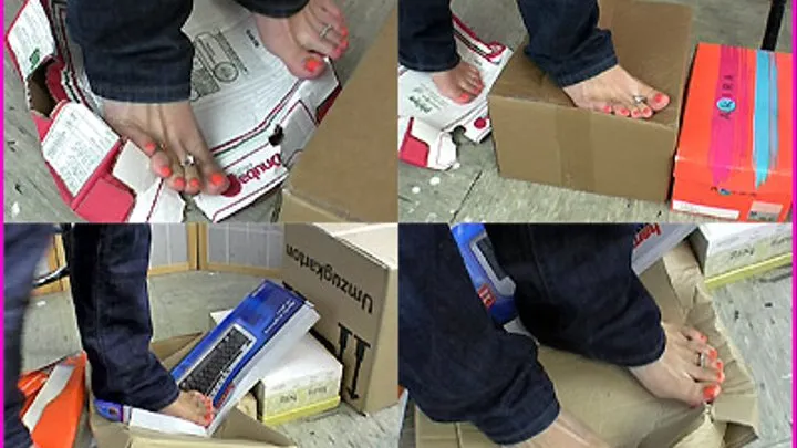 Jessica crushes Cardboard Boxes with her Beautiful Bare Feet