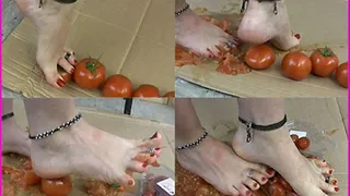 Lo squishes Tomatoes under her sexy Bare Feet