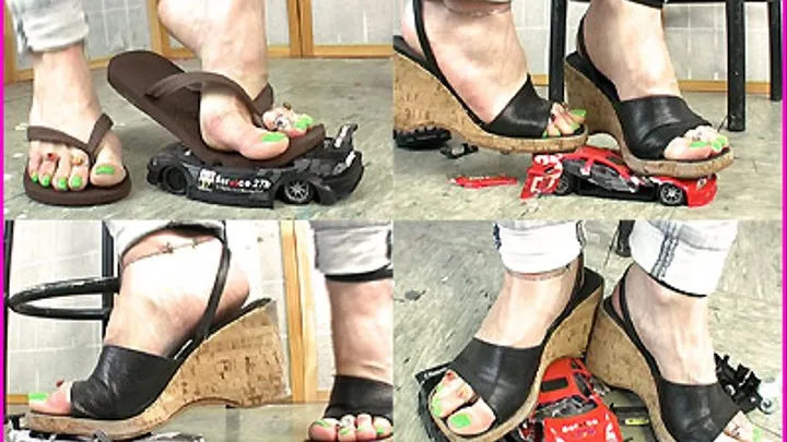 Janina slowly crushes Plastic Cars in Flip Flops and Wedge Sandals