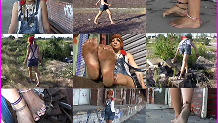 Beautiful Hippie Girl Valeska walks Barefoot on the Deserted Railyard