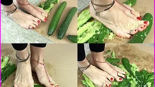 Natasha crushes Cucumbers with her large Bare Feet
