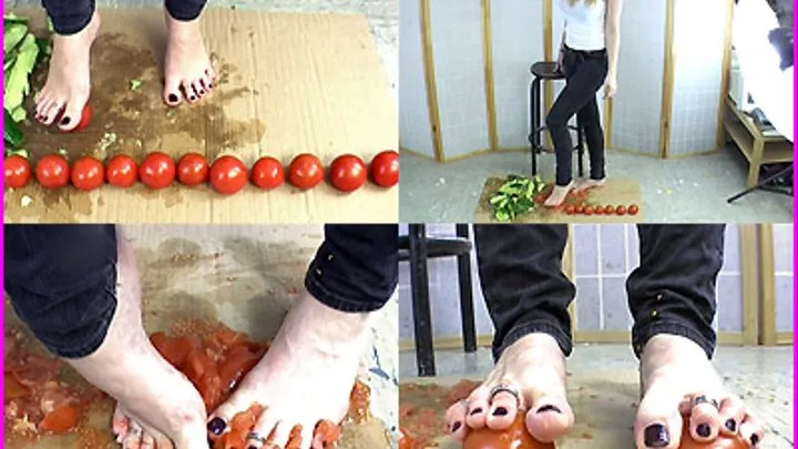 Madeline squishes juicy Tomatoes under her Bare Feet