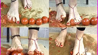 Natasha uses her large Bare Feet Feet to squish Tomatoes