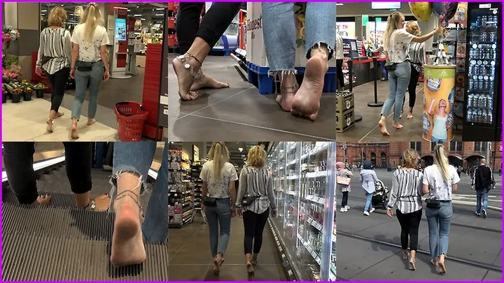 Barefoot friends Madeline and Shanti in a Supermarket and on the Street