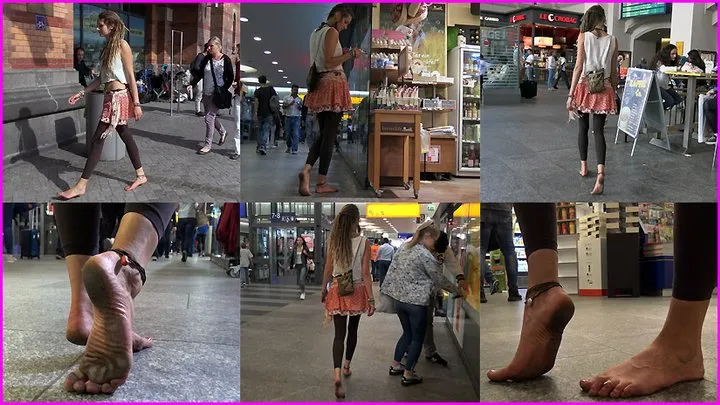 Dreadlocked Barefoot Hippie Girl Aurelie walks through the Train Station with Dirty Soles