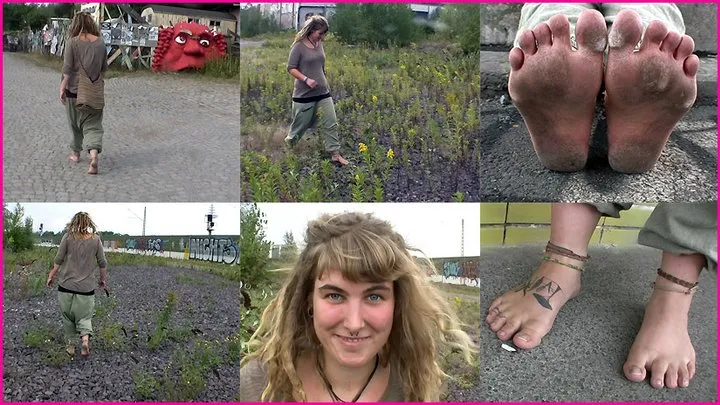 Barefoot Hippie Girl Vivi walks in the Deserted Railyard