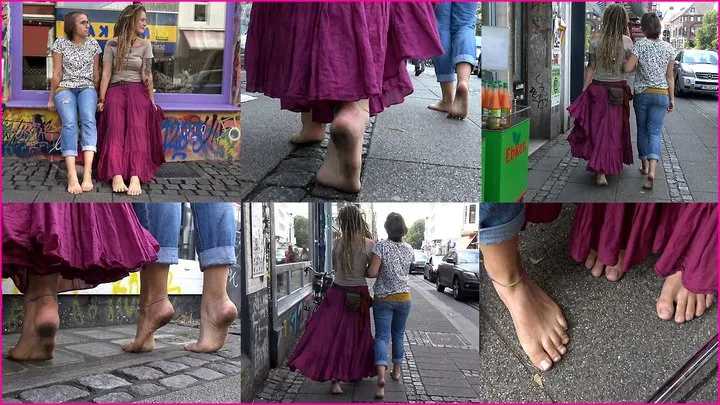 Trinity and Nele walk Barefoot on a busy Street