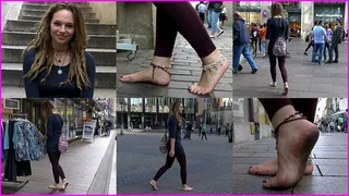Cute Audrey walks Barefoot in the City