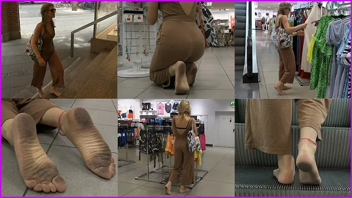 Marysol walks Barefoot through the Clothing Store