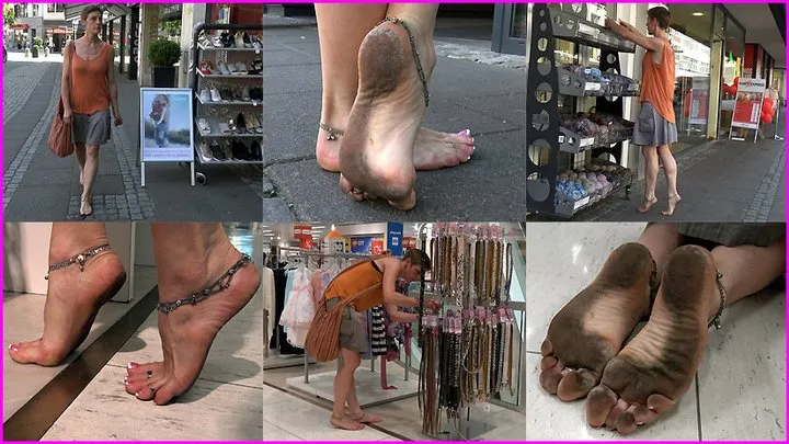 Janina's Dirty Black Soles on the Street and in a Department Store