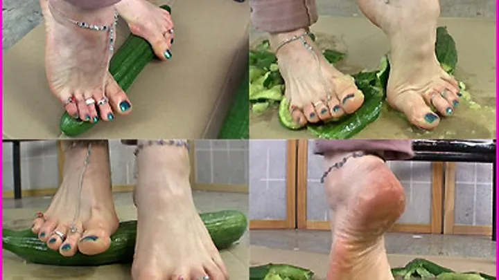 Friederike uses her strong Feet to crush juicy Cucumbers