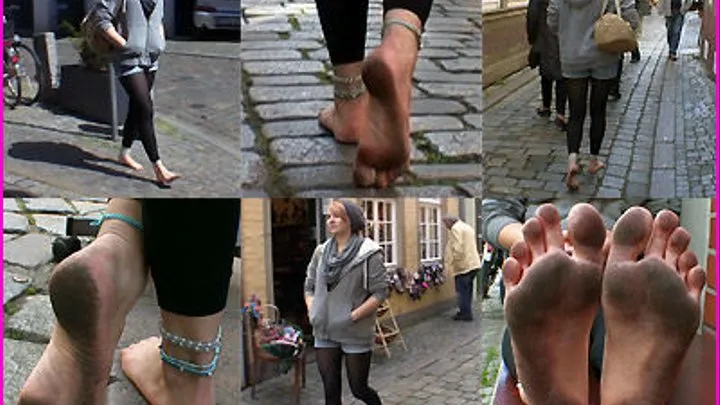 Irina walks Barefoot in the Historic Part of Town