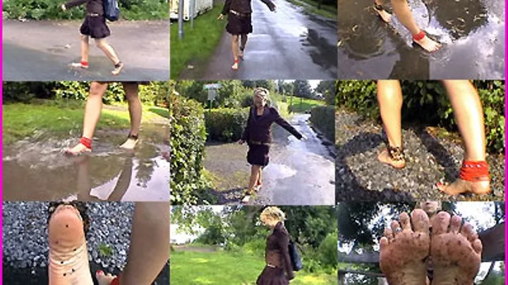 Vikki walks Barefoot on the Wet Road after the Rain